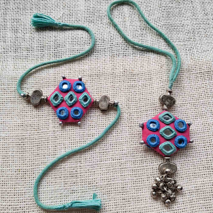 Handmade Mirror Work Teal Shaded Rakhi Lumba Set With Roli Chawal For Bhaiya Bhabhi | Set of 2