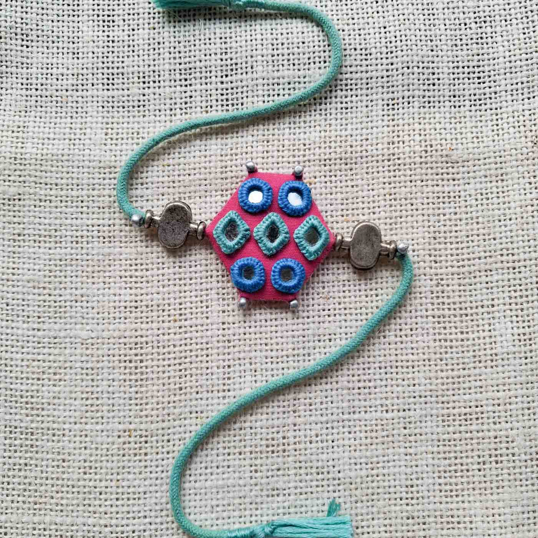 Handmade Mirror Work Teal Shaded Rakhi Lumba Set With Roli Chawal For Bhaiya Bhabhi | Set of 2