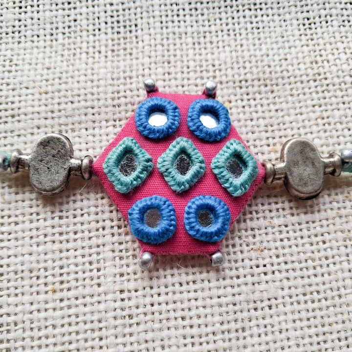 Handmade Mirror Work Teal Shaded Rakhi With Roli Chawal For Brother