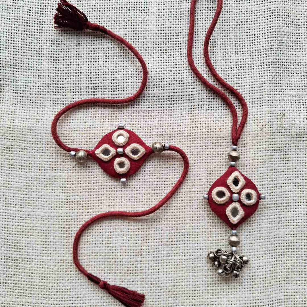 Handmade Mirror Work Earthy Tone Rakhi Lumba Set With Roli Chawal For Bhaiya Bhabhi | Set of 2