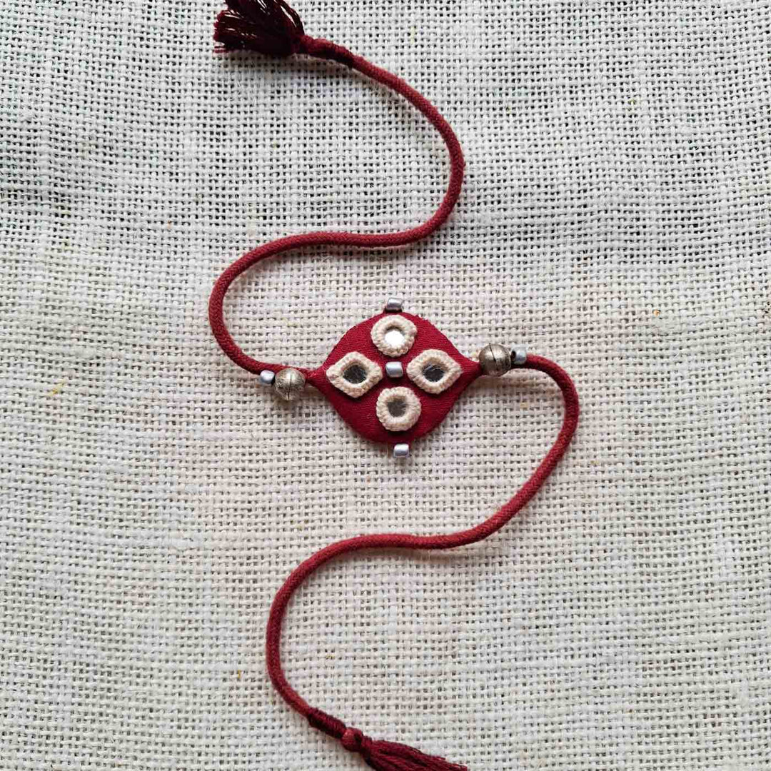 Handmade Mirror Work Earthy Tone Rakhi Lumba Set With Roli Chawal For Bhaiya Bhabhi | Set of 2