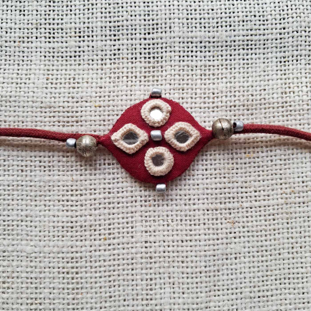 Handmade Mirror Work Earthy Tone Rakhi Lumba Set With Roli Chawal For Bhaiya Bhabhi | Set of 2
