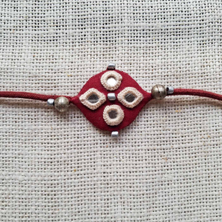 Handmade Mirror Work Earthy Tone Rakhi Lumba Set With Roli Chawal For Bhaiya Bhabhi | Set of 2