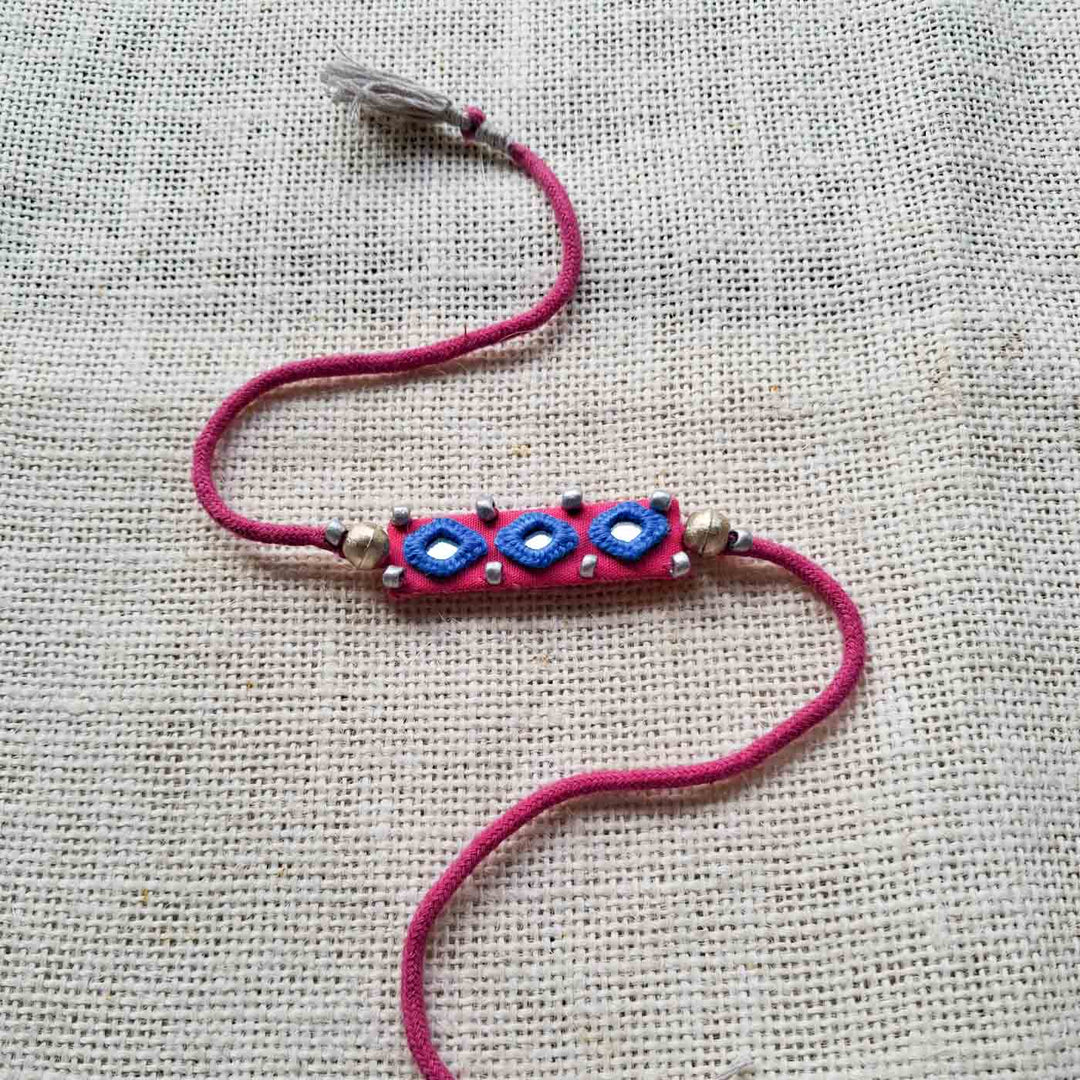 Handmade Mirror Work Pink Rakhi With Roli Chawal With Roli Chawal For Brother
