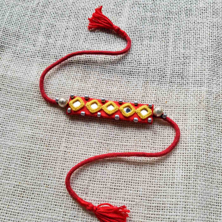Handmade Mirror Work Red Rakhi With Roli Chawal With Roli Chawal For Brother