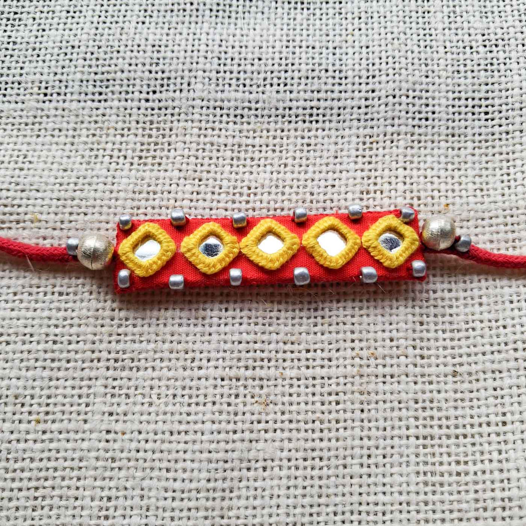 Handmade Mirror Work Red Rakhi With Roli Chawal With Roli Chawal For Brother