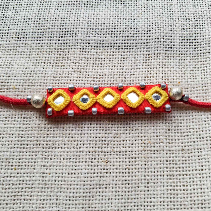 Handmade Mirror Work Red Rakhi With Roli Chawal With Roli Chawal For Brother