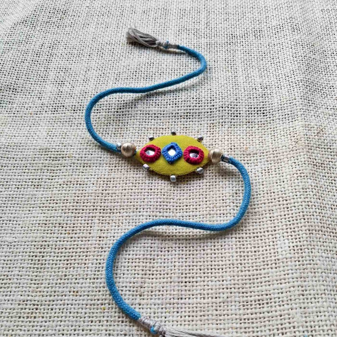 Handmade Mirror Work Lime Rakhi With Roli Chawal For Brother