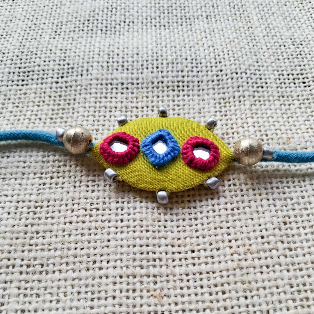 Handmade Mirror Work Lime Rakhi With Roli Chawal For Brother
