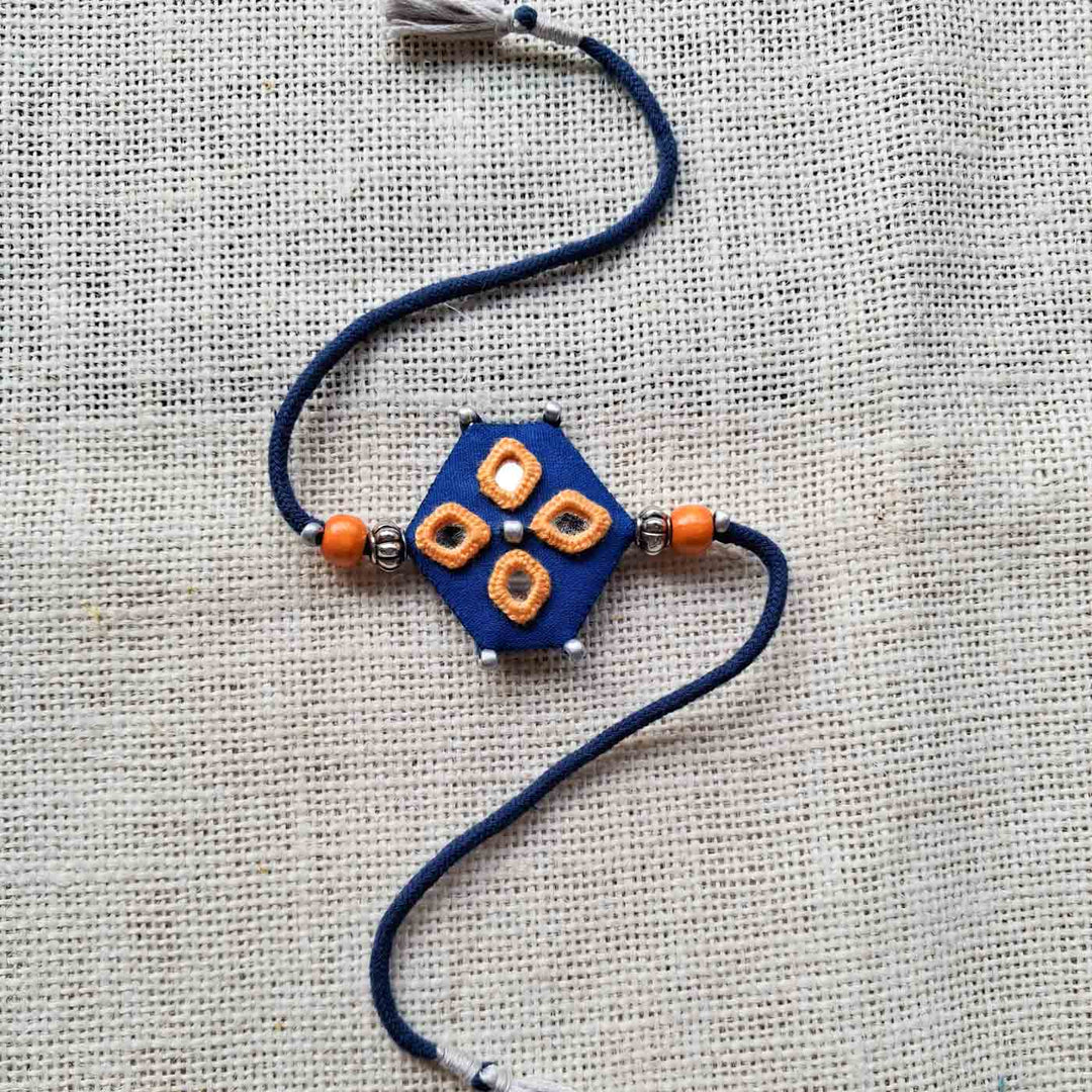 Handmade Mirror Work "Blue Hexagon" Rakhi With Roli Chawal For Brother