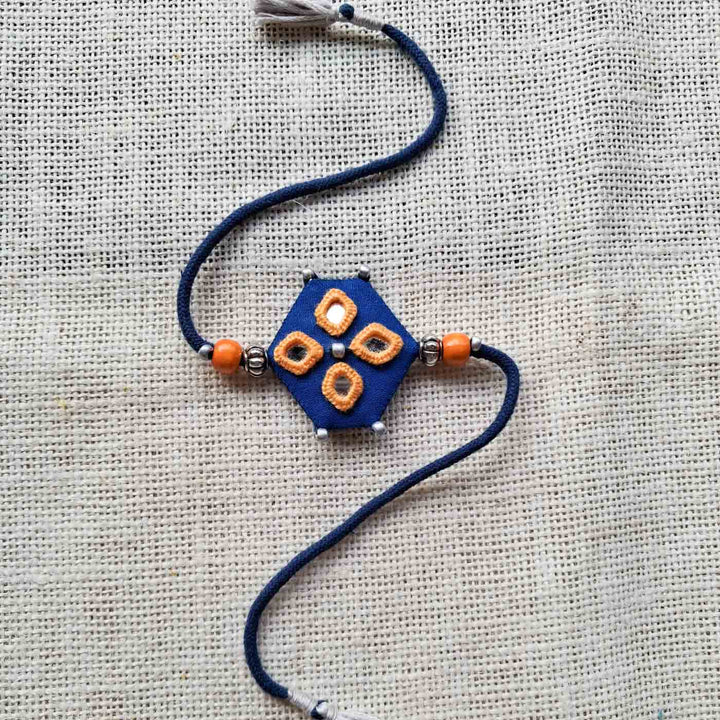 Handmade Mirror Work "Blue Hexagon" Rakhi With Roli Chawal For Brother