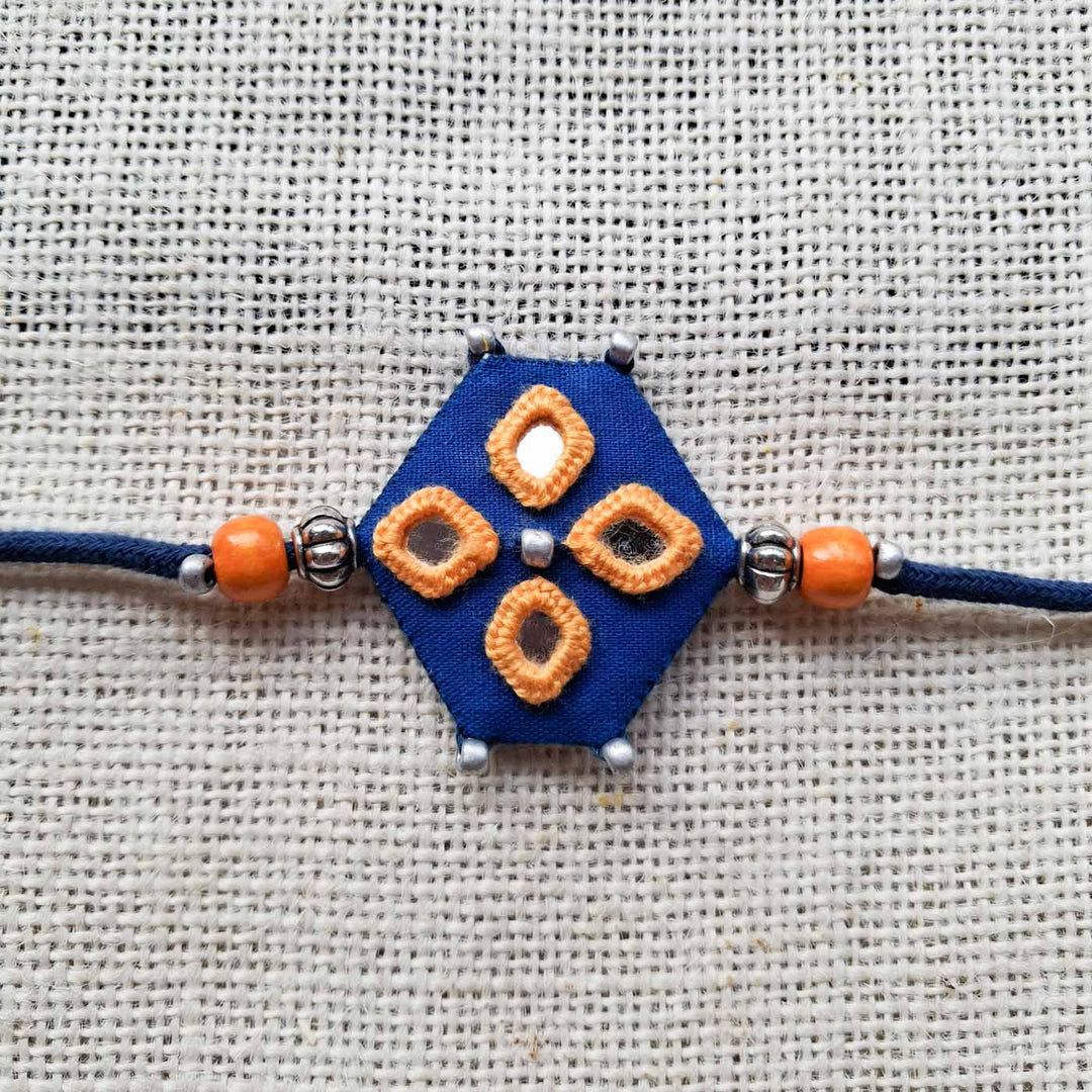 Handmade Mirror Work "Blue Hexagon" Rakhi With Roli Chawal For Brother