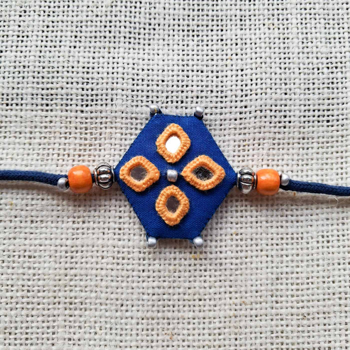 Handmade Mirror Work "Blue Hexagon" Rakhi With Roli Chawal For Brother