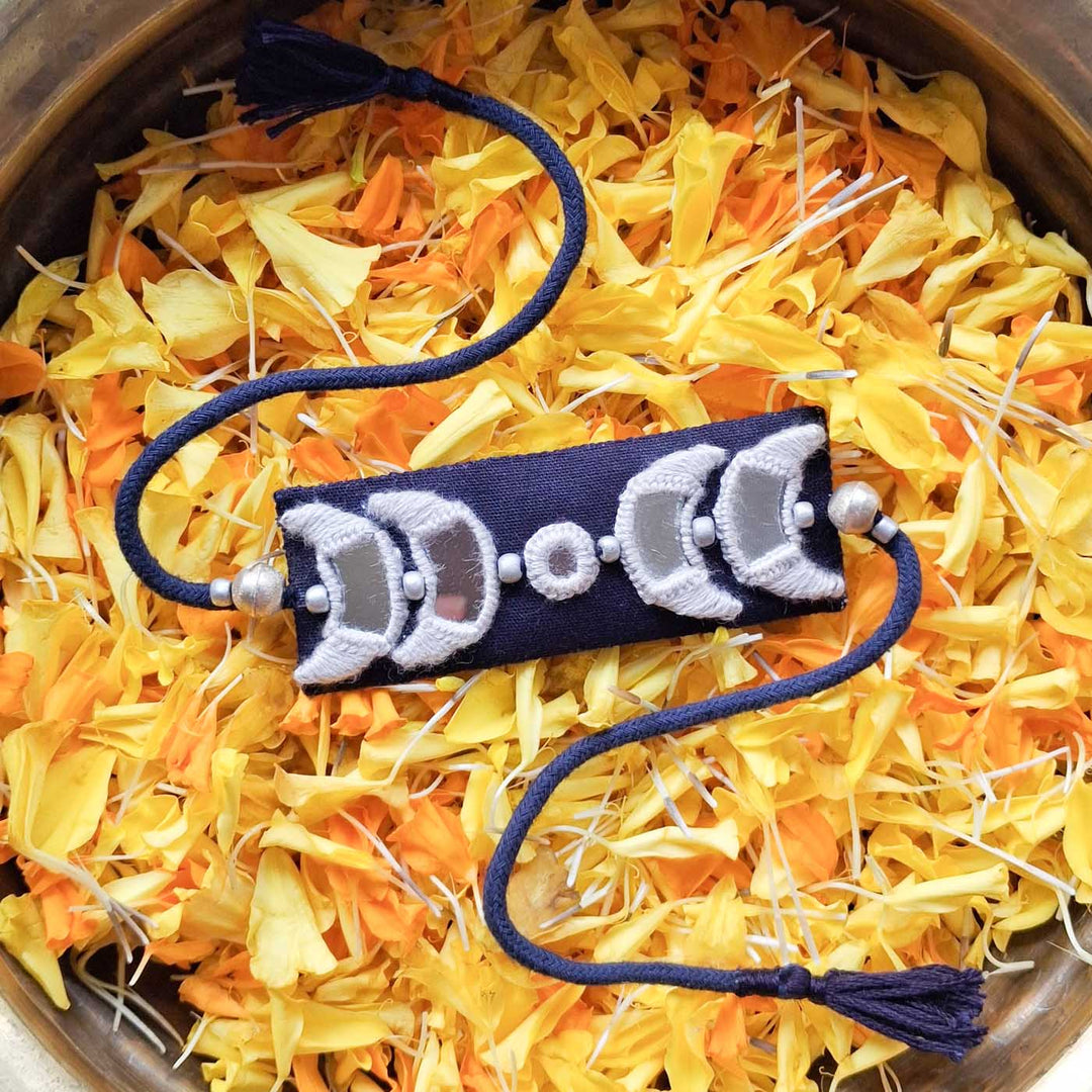 Handmade Mirror Work "Moon Phases" Rakhi With Roli Chawal For Brother