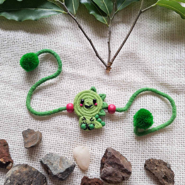 Handmade Doriwork Dinosaur Kids Rakhi With Roli Chawal For Brother