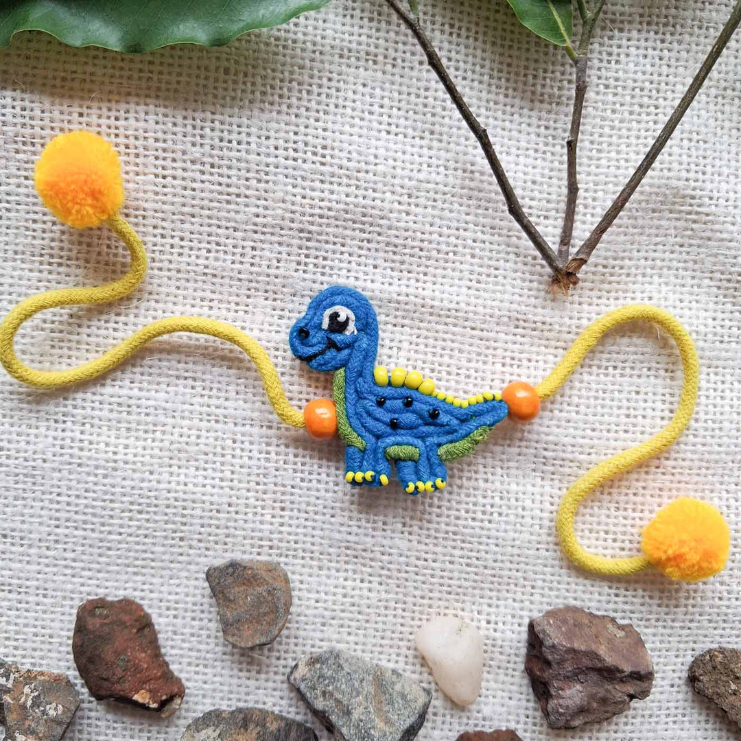 Handmade Doriwork Blue Dinosaur Kids Rakhi With Roli Chawal For Twins | Set of 2