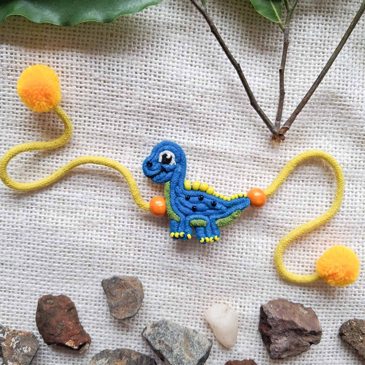 Handmade Doriwork Blue Dinosaur Kids Rakhi With Roli Chawal For Twins | Set of 2