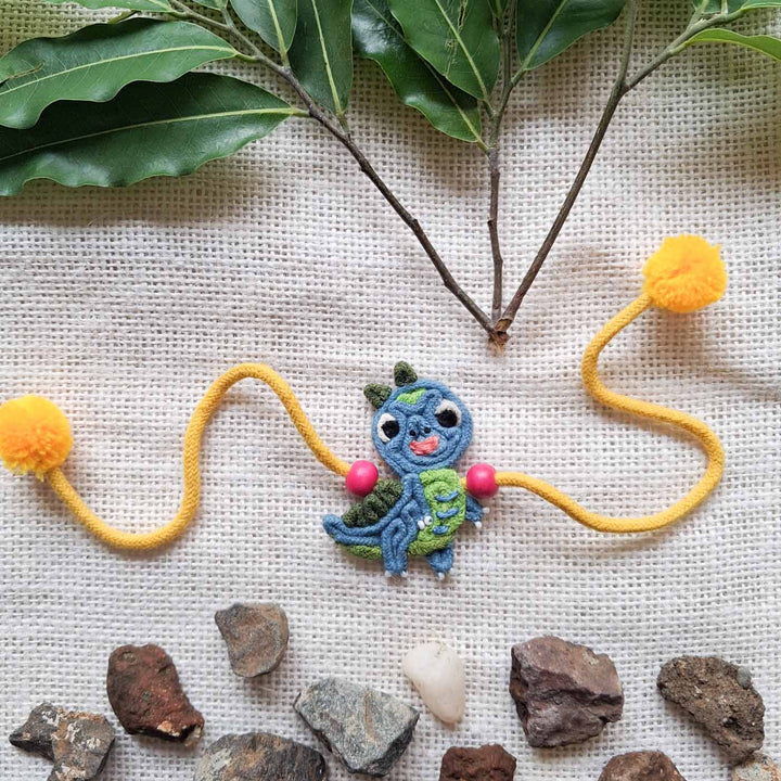 Handmade Doriwork Teal Dinosaur Kids Rakhi With Roli Chawal For Brother