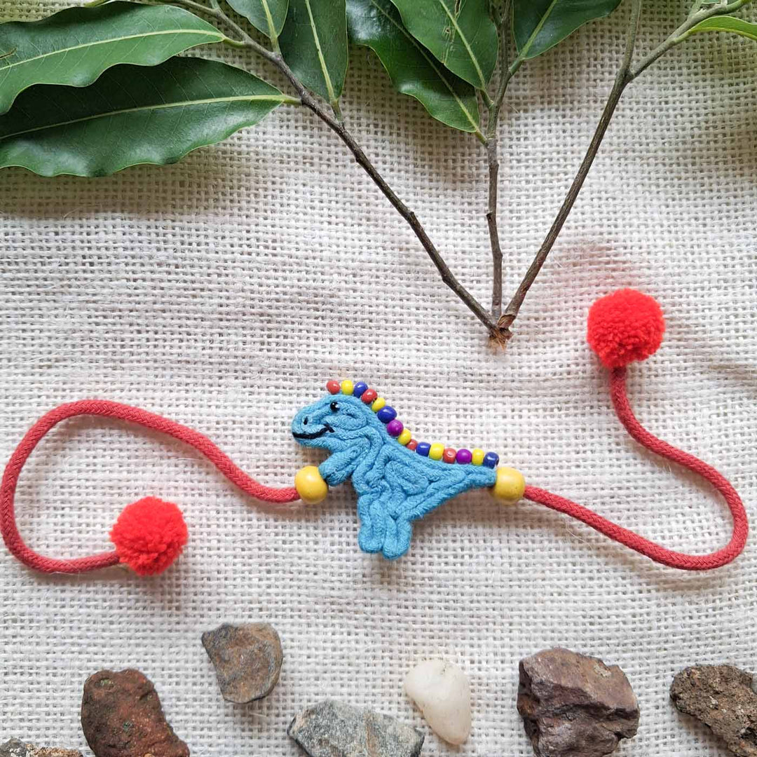 Handmade Doriwork Playful Dinosaur Kids Rakhi With Roli Chawal For Brother