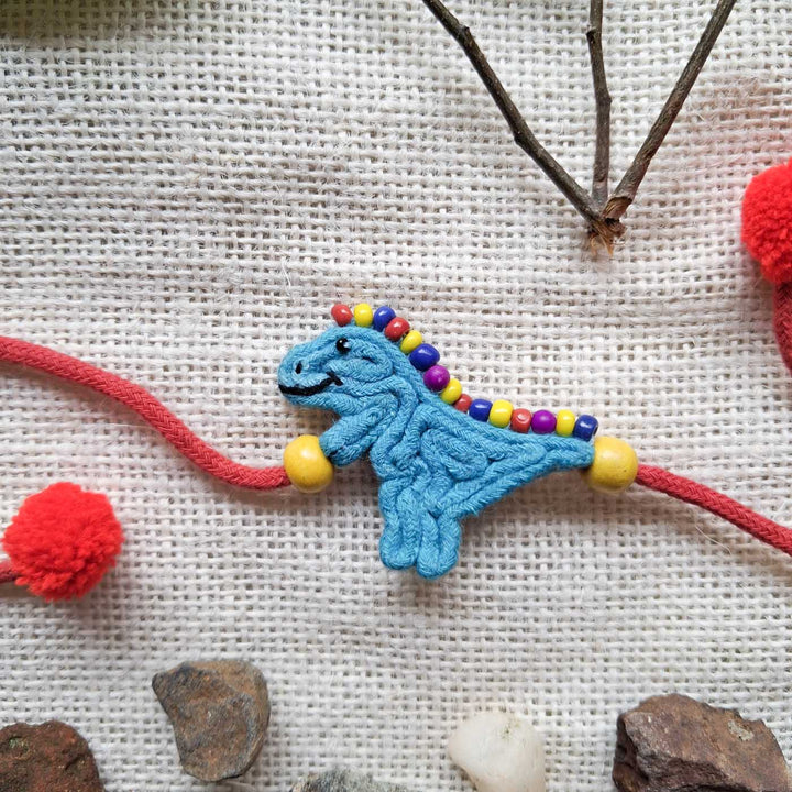 Handmade Doriwork Playful Dinosaur Kids Rakhi With Roli Chawal For Brother