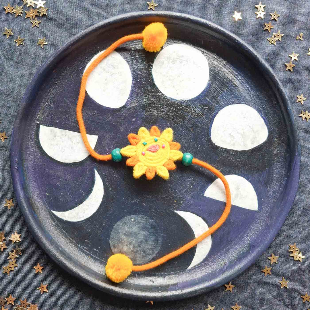 Handmade Doriwork Sunny Day Kids Rakhi With Roli Chawal For Brother