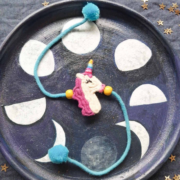 Handmade Doriwork Unicorn Kids Rakhi With Roli Chawal For Brother