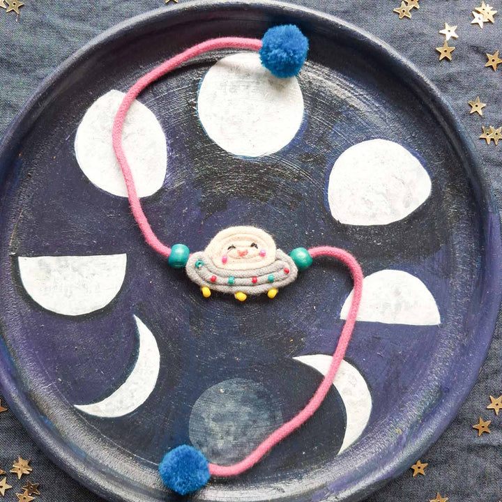 Handmade Doriwork Spaceship Kids Rakhi With Roli Chawal For Brother