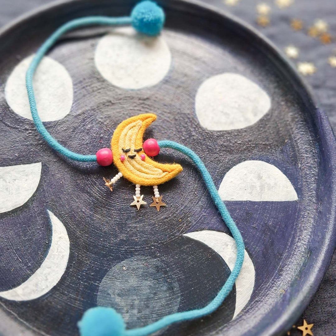 Handmade Doriwork Chaand Moon Kids Rakhi With Roli Chawal For Brother