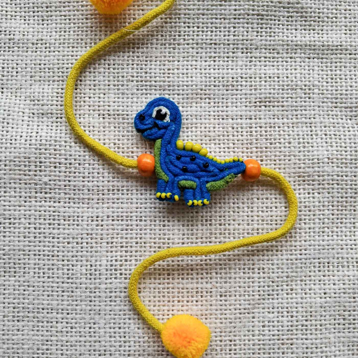 Handmade Doriwork Blue Dinosaur Kids Rakhi With Roli Chawal For Twins | Set of 2