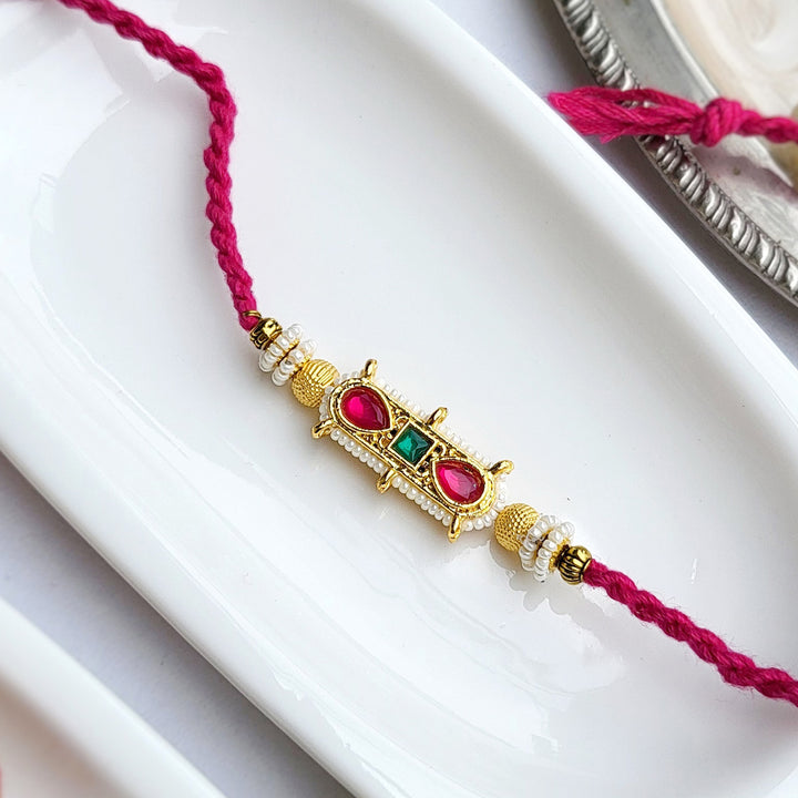 Handcrafted Kundan Gulaabi Tilak Bhaiya Bhabhi Rakhi | Set of 2