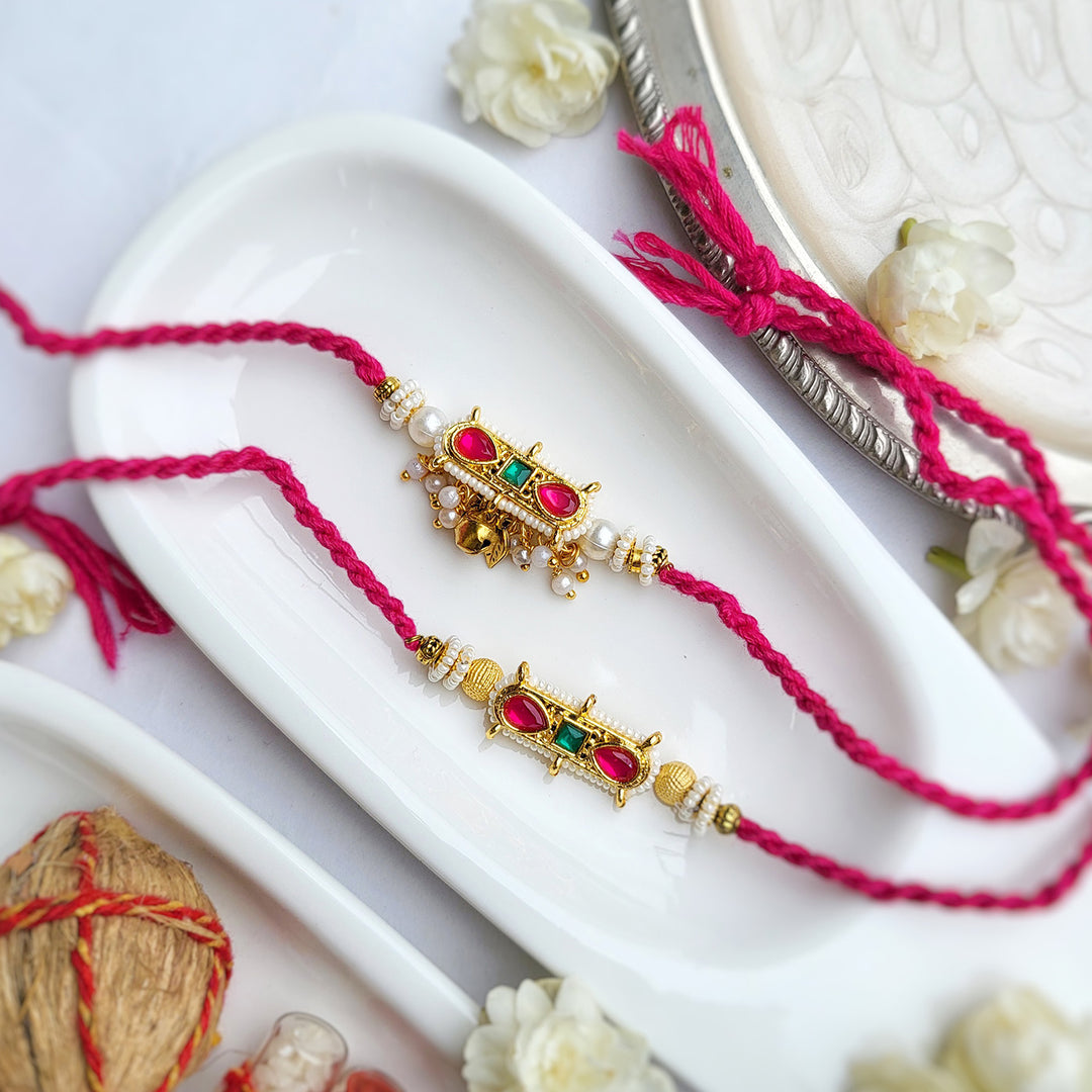 Handcrafted Kundan Gulaabi Tilak Bhaiya Bhabhi Rakhi | Set of 2