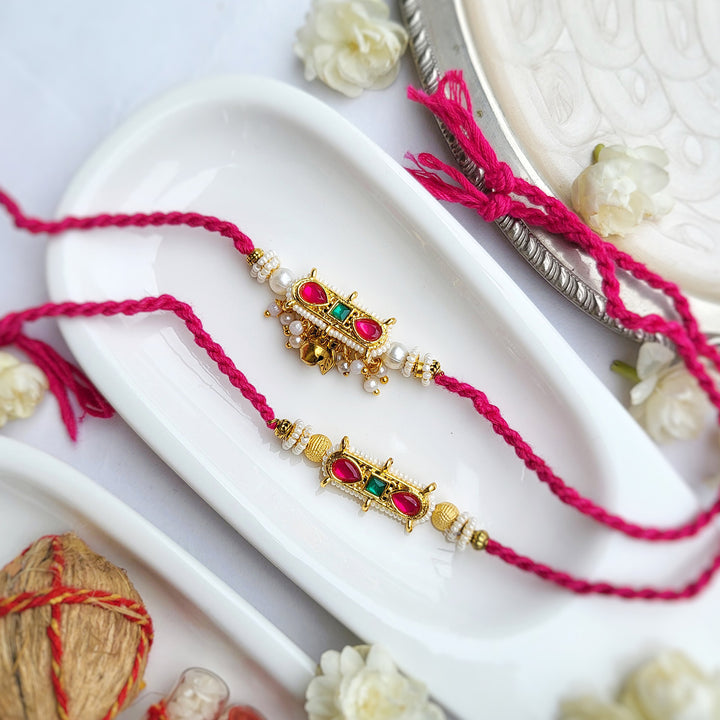 Handcrafted Kundan Gulaabi Tilak Bhaiya Bhabhi Rakhi | Set of 2
