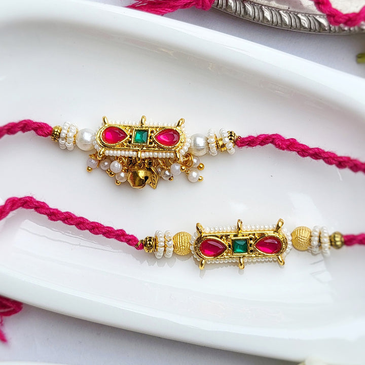 Handcrafted Kundan Gulaabi Tilak Bhaiya Bhabhi Rakhi | Set of 2