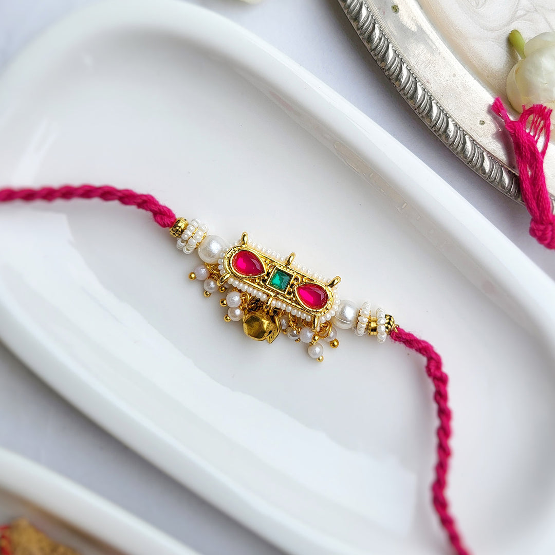 Handcrafted Kundan Gulaabi Tilak Bhaiya Bhabhi Rakhi | Set of 2