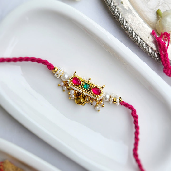 Handcrafted Kundan Gulaabi Tilak Bhaiya Bhabhi Rakhi | Set of 2