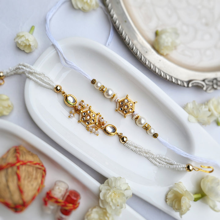 Handcrafted Jadau White Stone Bhaiya Bhabhi Rakhi | Set of 2