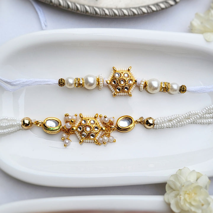 Handcrafted Jadau White Stone Bhaiya Bhabhi Rakhi | Set of 2