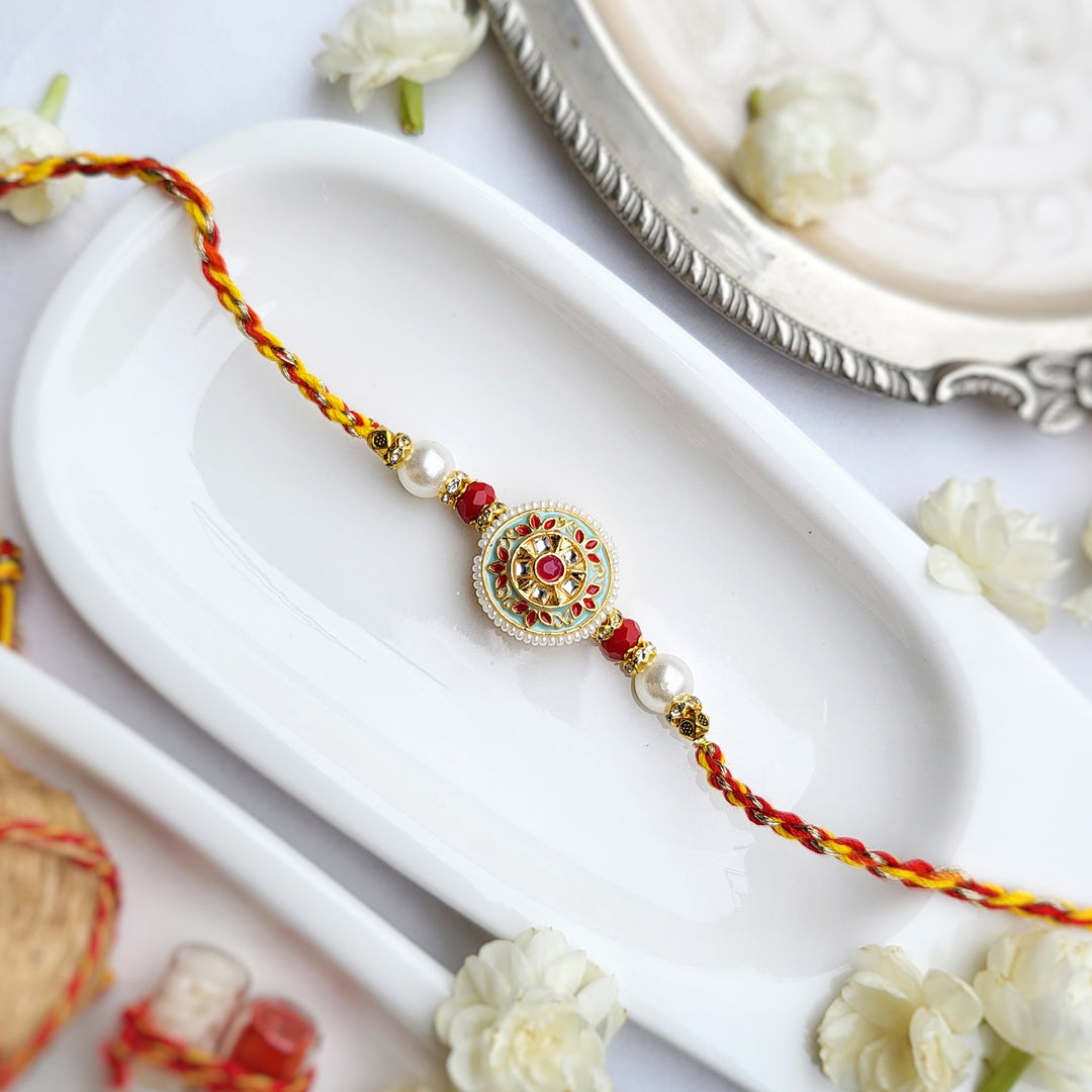 Handcrafted Classic Meenakari Bhai Rakhi with Ruby Meenakari Bhabhi Bracelet | Set of 2