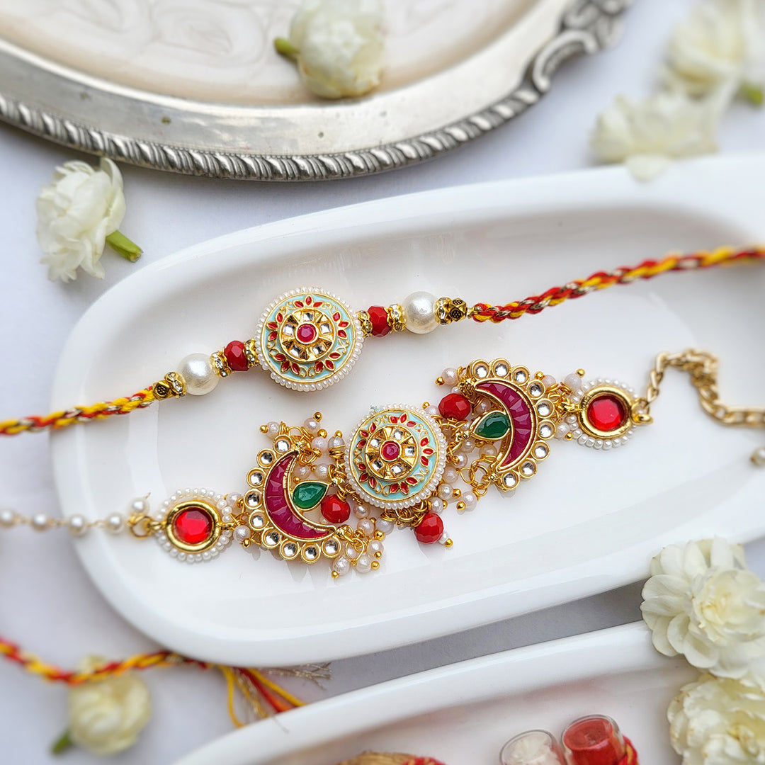 Handcrafted Classic Meenakari Bhai Rakhi with Ruby Meenakari Bhabhi Bracelet | Set of 2