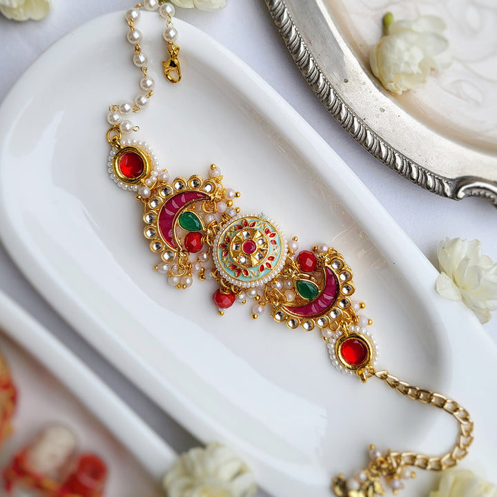 Handcrafted Classic Meenakari Bhai Rakhi with Ruby Meenakari Bhabhi Bracelet | Set of 2