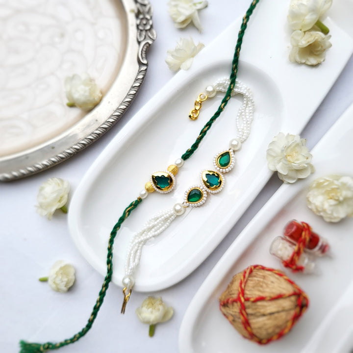 Handcrafted Emerald Green Tilak Bhaiya Bhabhi Couple Rakhi | Set of 2