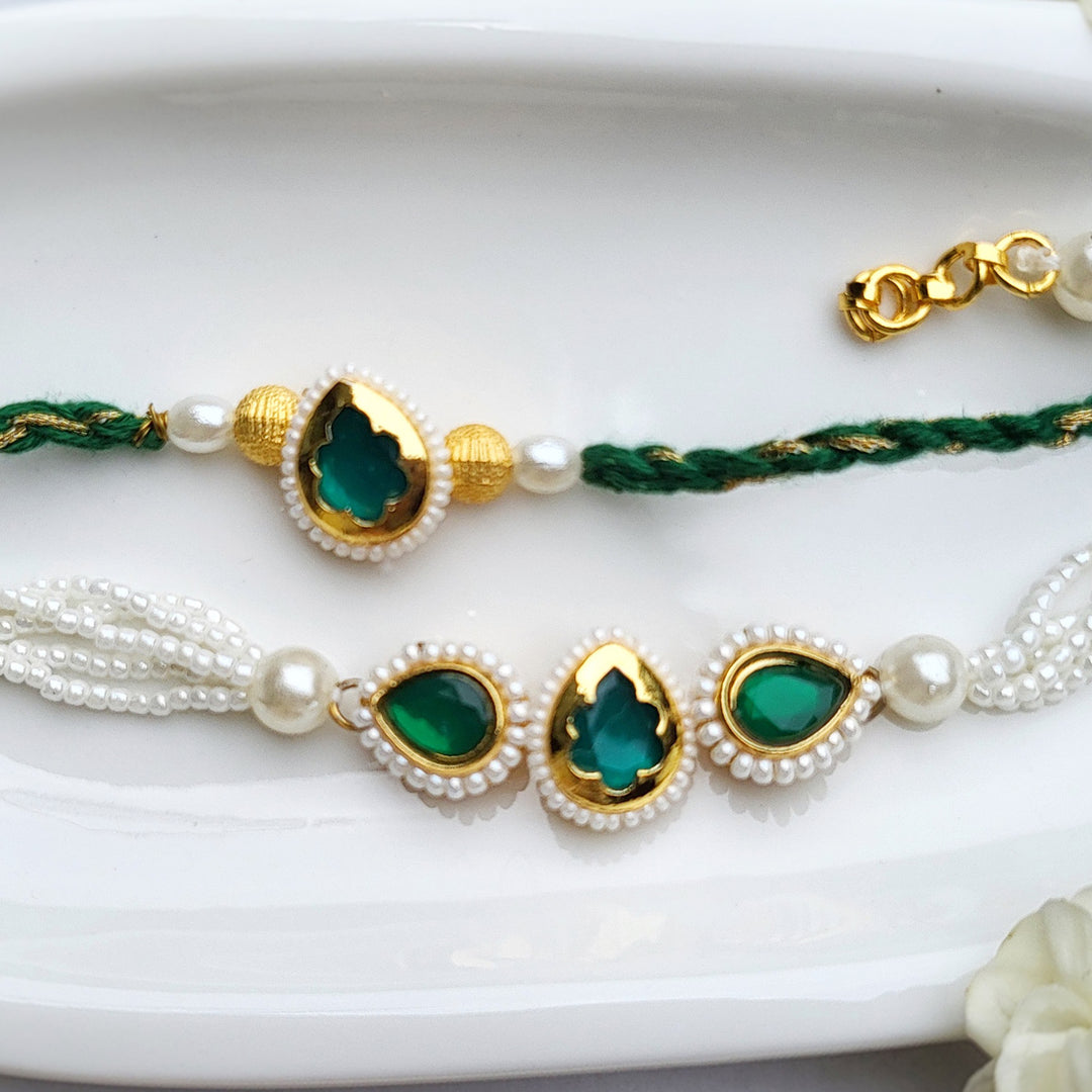 Handcrafted Emerald Green Tilak Bhaiya Bhabhi Couple Rakhi | Set of 2