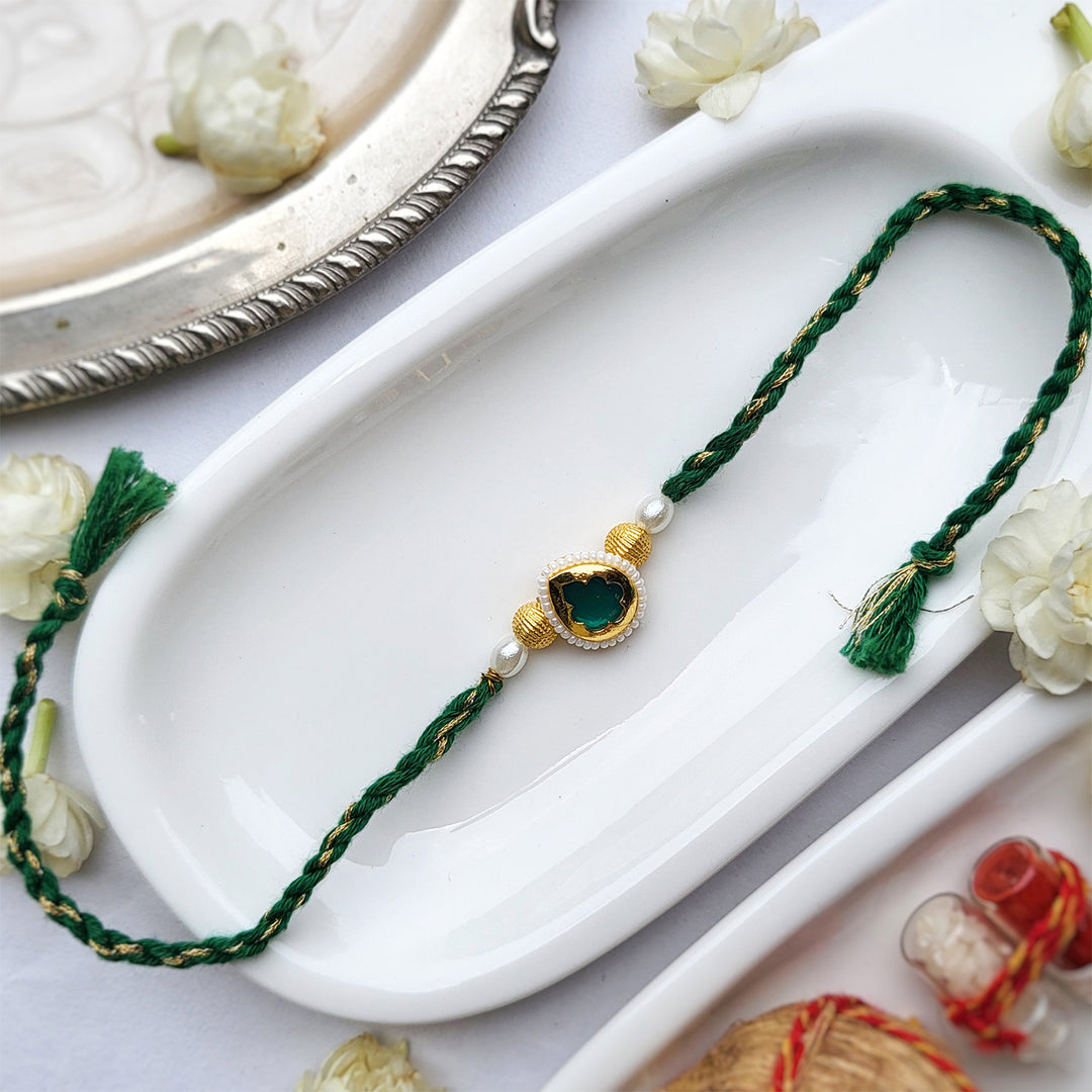 Handcrafted Emerald Green Tilak Bhaiya Bhabhi Couple Rakhi | Set of 2