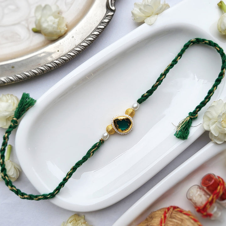 Handcrafted Emerald Green Tilak Bhaiya Bhabhi Couple Rakhi | Set of 2