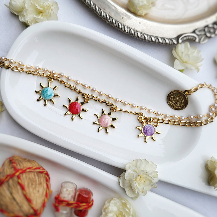 Handcrafted Sunshine Charm Rakhi Bracelet With Roli Chawal For Sister