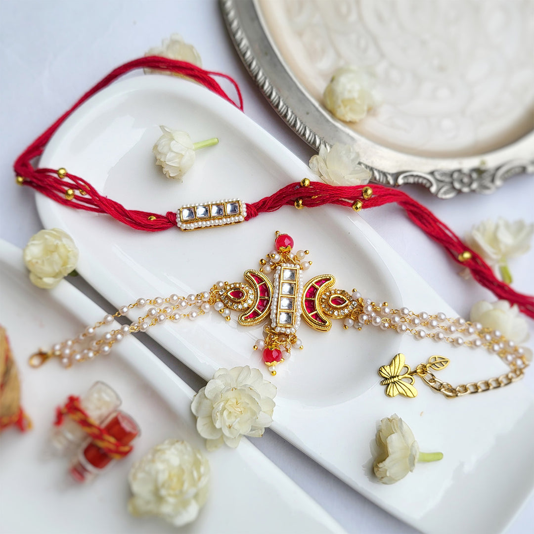 Handcrafted Kundan Red Bhai Rakhi with Pearl Bhabhi Bracelet | Set of 2