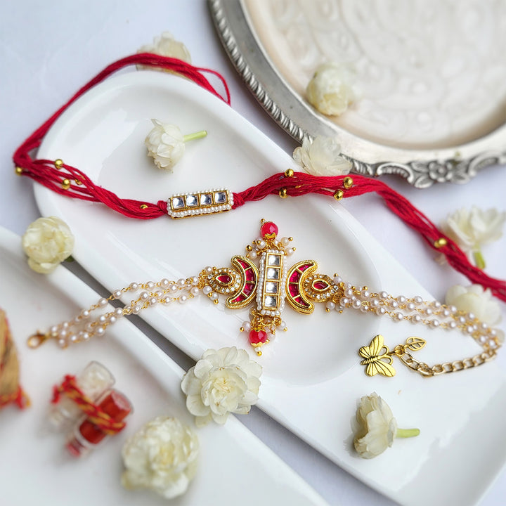 Handcrafted Kundan Red Bhai Rakhi with Pearl Bhabhi Bracelet | Set of 2
