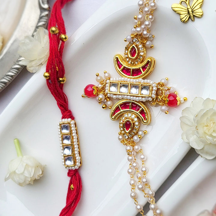 Handcrafted Kundan Red Bhai Rakhi with Pearl Bhabhi Bracelet | Set of 2
