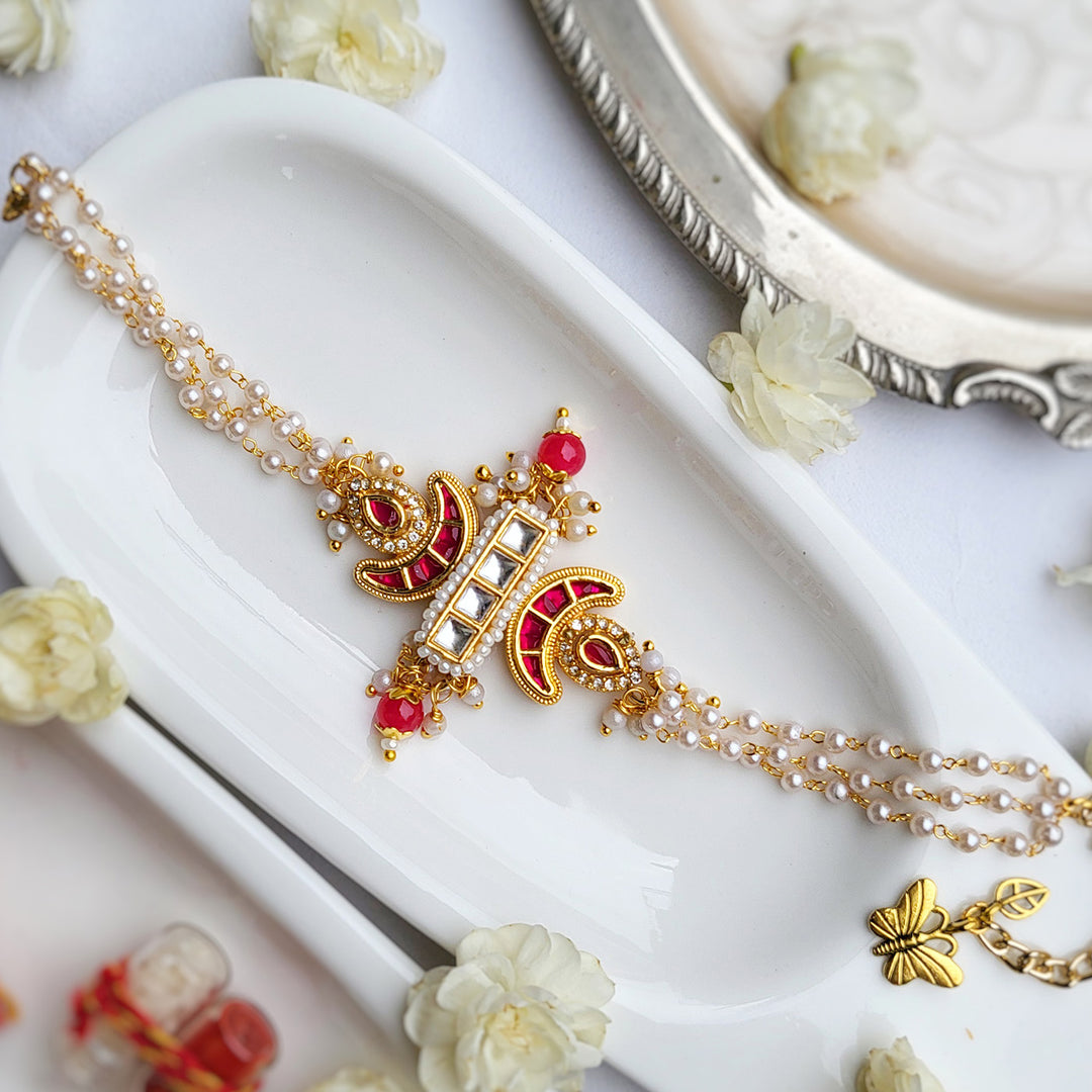 Handcrafted Kundan Red Bhai Rakhi with Pearl Bhabhi Bracelet | Set of 2