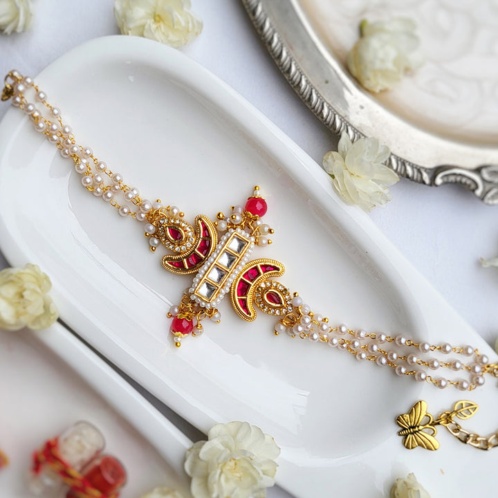 Handcrafted Kundan Red Bhai Rakhi with Pearl Bhabhi Bracelet | Set of 2